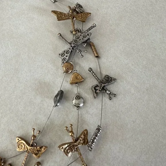 Chico's signed two tone gold silver 3 triple strand dragonfly necklace - Picture 4 of 5